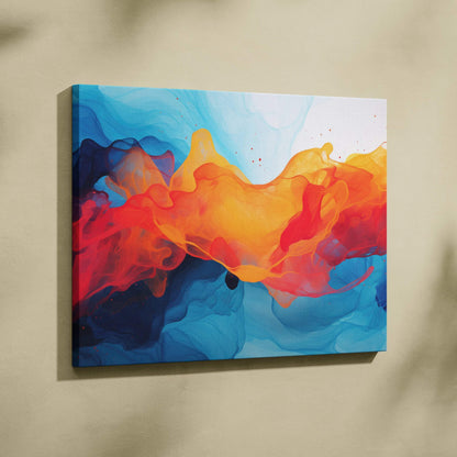 Abstract digital canvas wall art with vibrant orange, red, and blue swirling shapes on a light background.