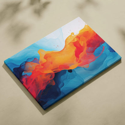 Abstract modern digital canvas art with vibrant orange and blue fluid shapes on wall art print.