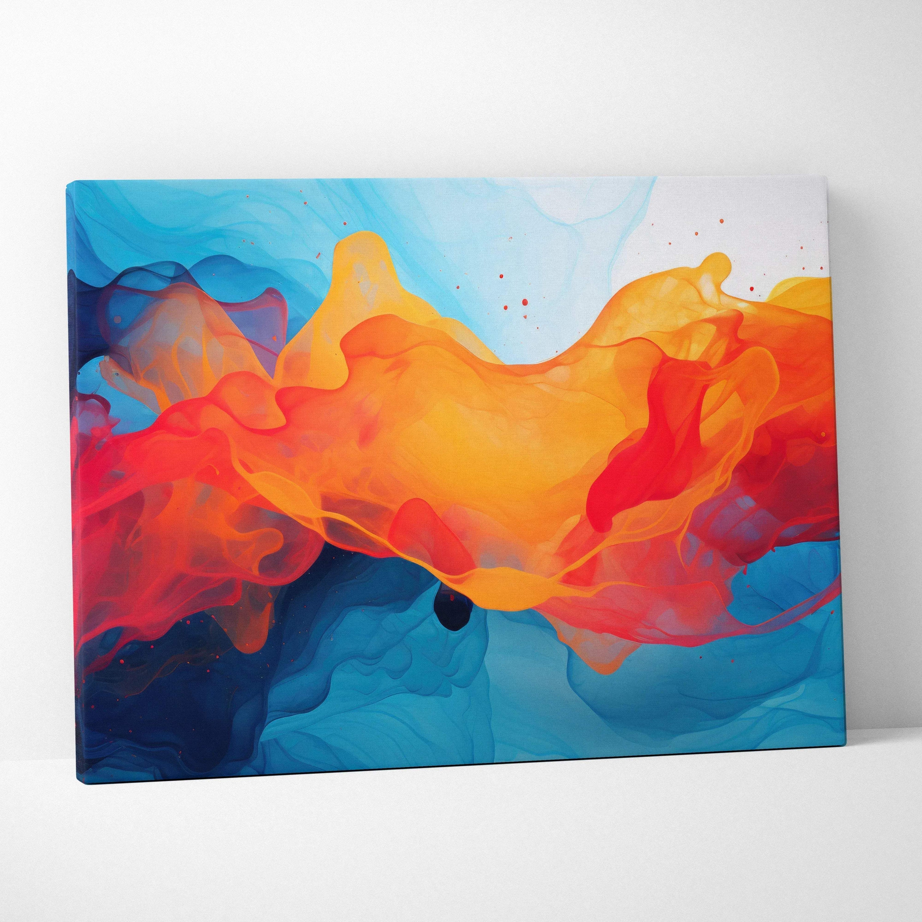 Abstract canvas wall art with vibrant swirling orange, red, and blue shapes on a white background.