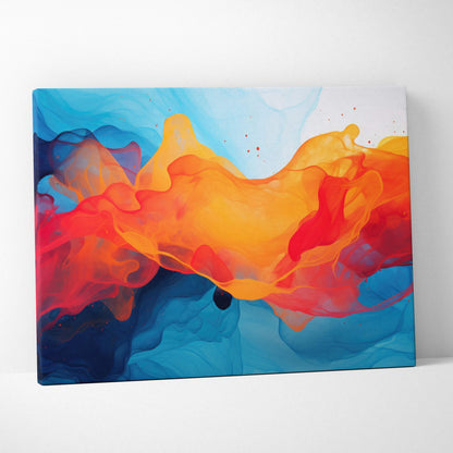 Abstract canvas wall art with vibrant swirling orange, red, and blue shapes on a white background.