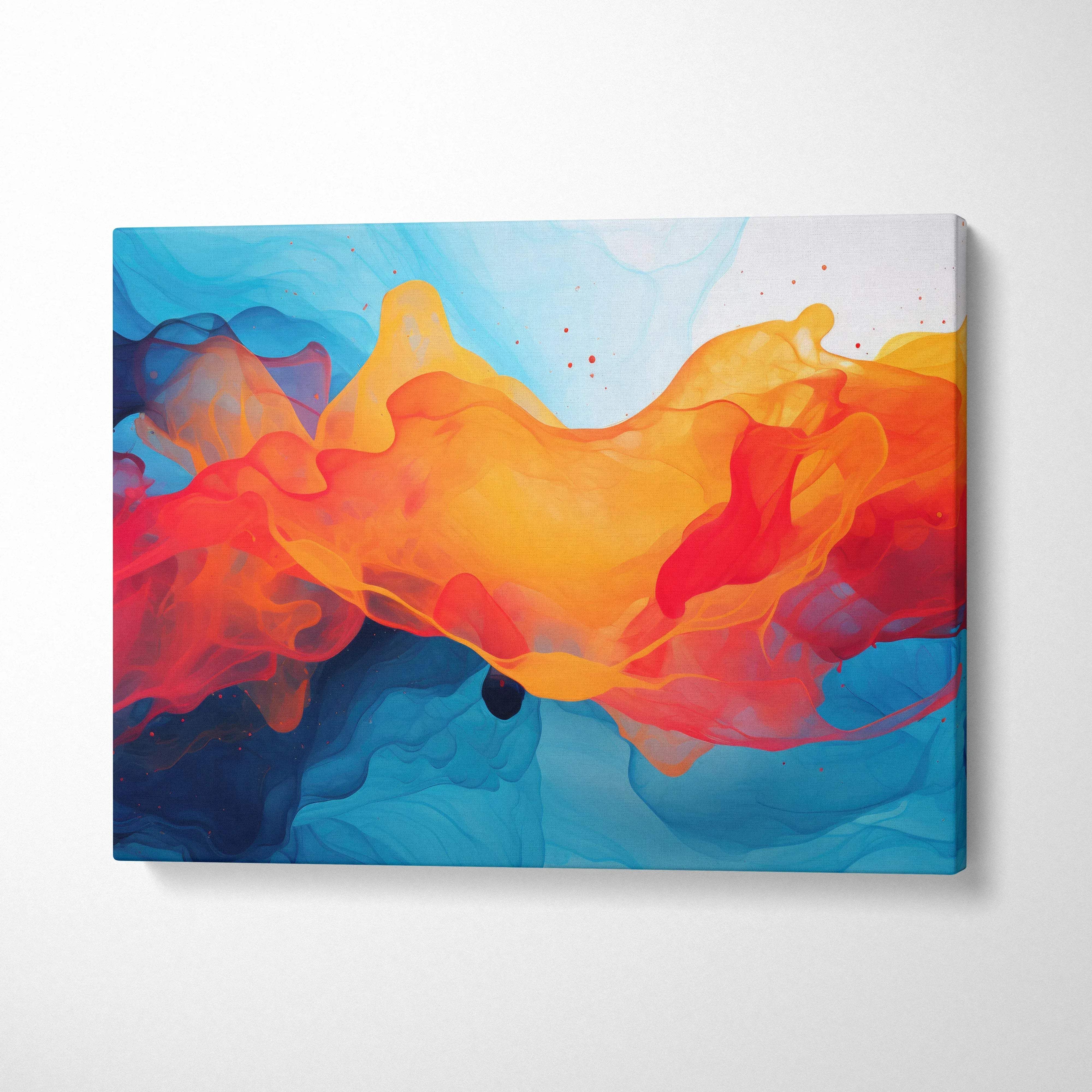 Abstract digital canvas wall art with vibrant orange and blue swirling colors.