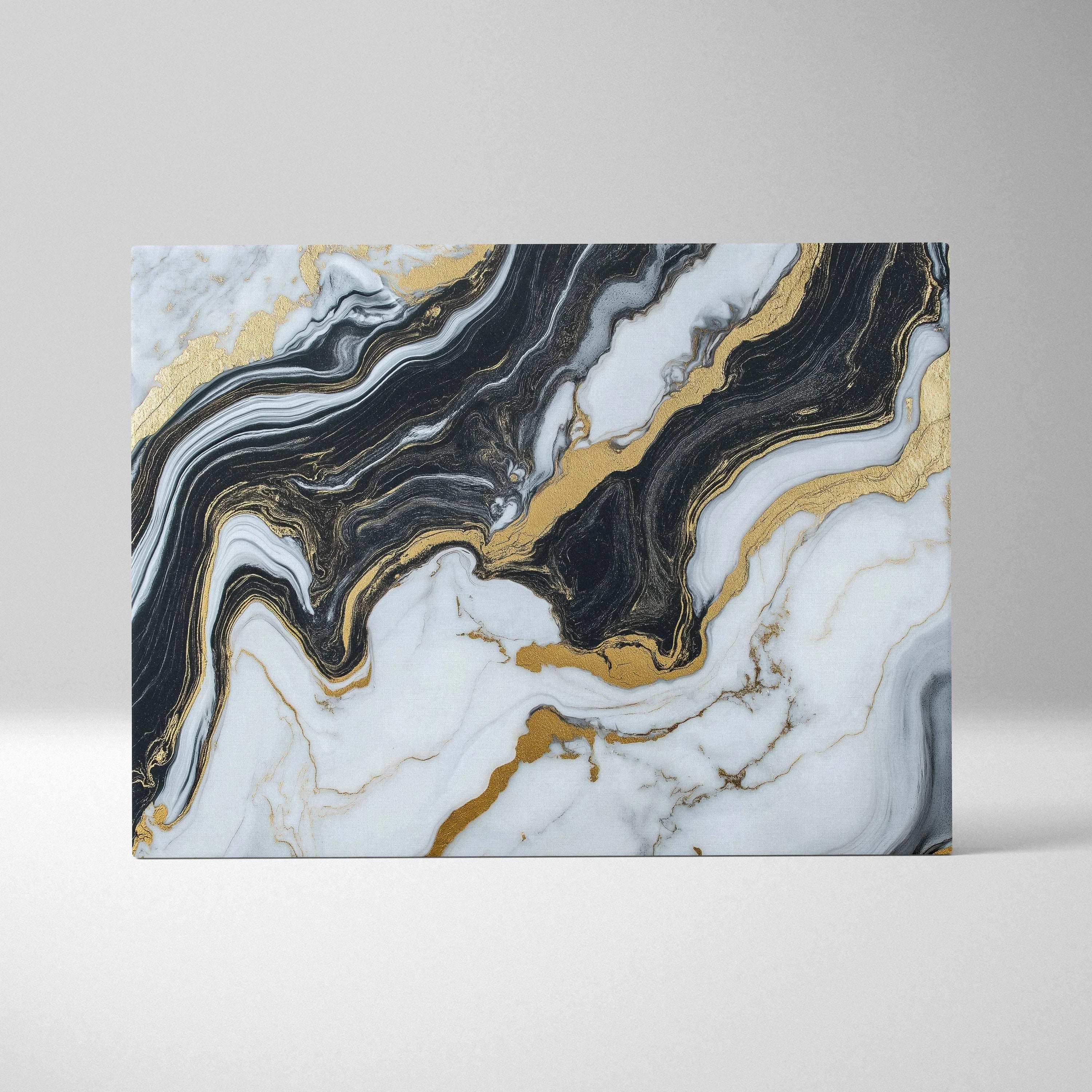 Abstract canvas wall art with swirling black, white, and gold marble patterns.
