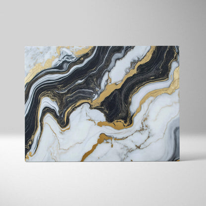 Abstract canvas wall art with swirling black, white, and gold marble patterns.
