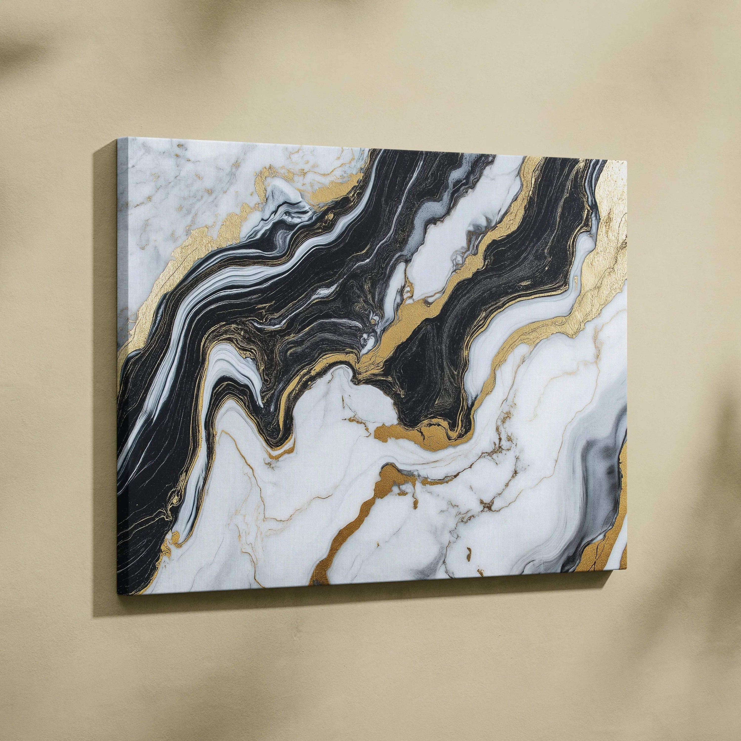 Abstract black, white, and gold marble pattern canvas wall art with fluid, swirling lines.