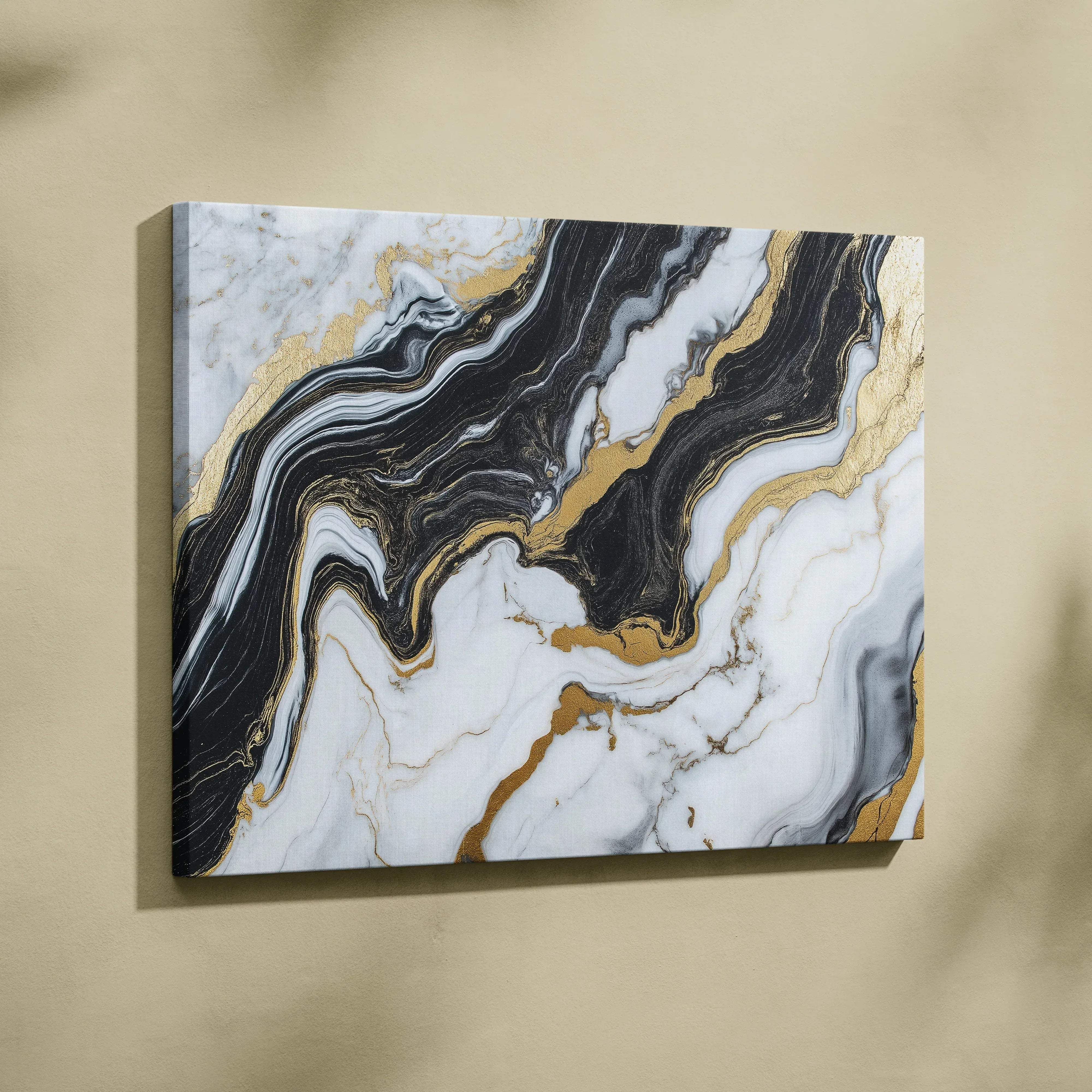 Modern abstract marble swirl canvas wall art featuring black white and gold marble pattern with gold accents