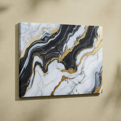 Abstract black, white, and gold marble pattern canvas wall art with fluid, swirling lines.