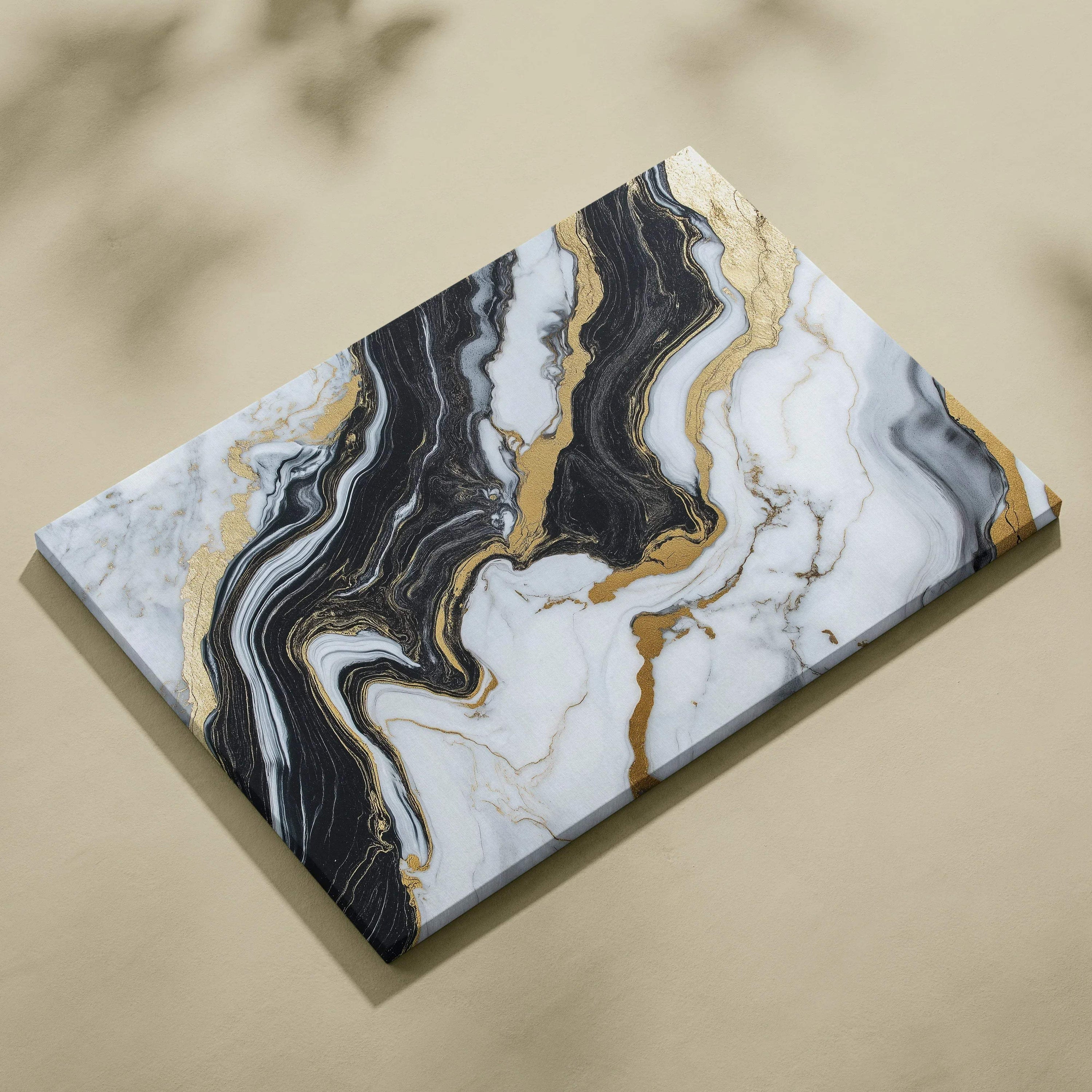 Abstract modern digital art canvas with black, white, and gold swirling marble design wall art.