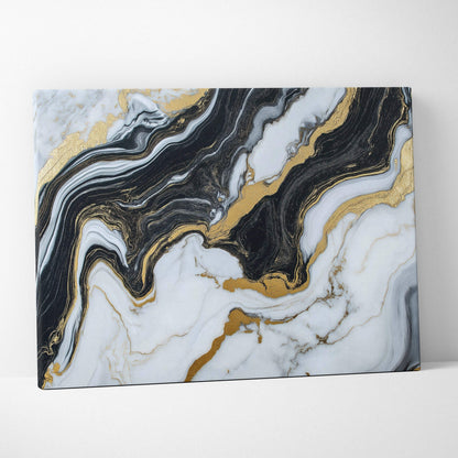 Abstract canvas wall art with swirling black, white, and metallic gold marble patterns.