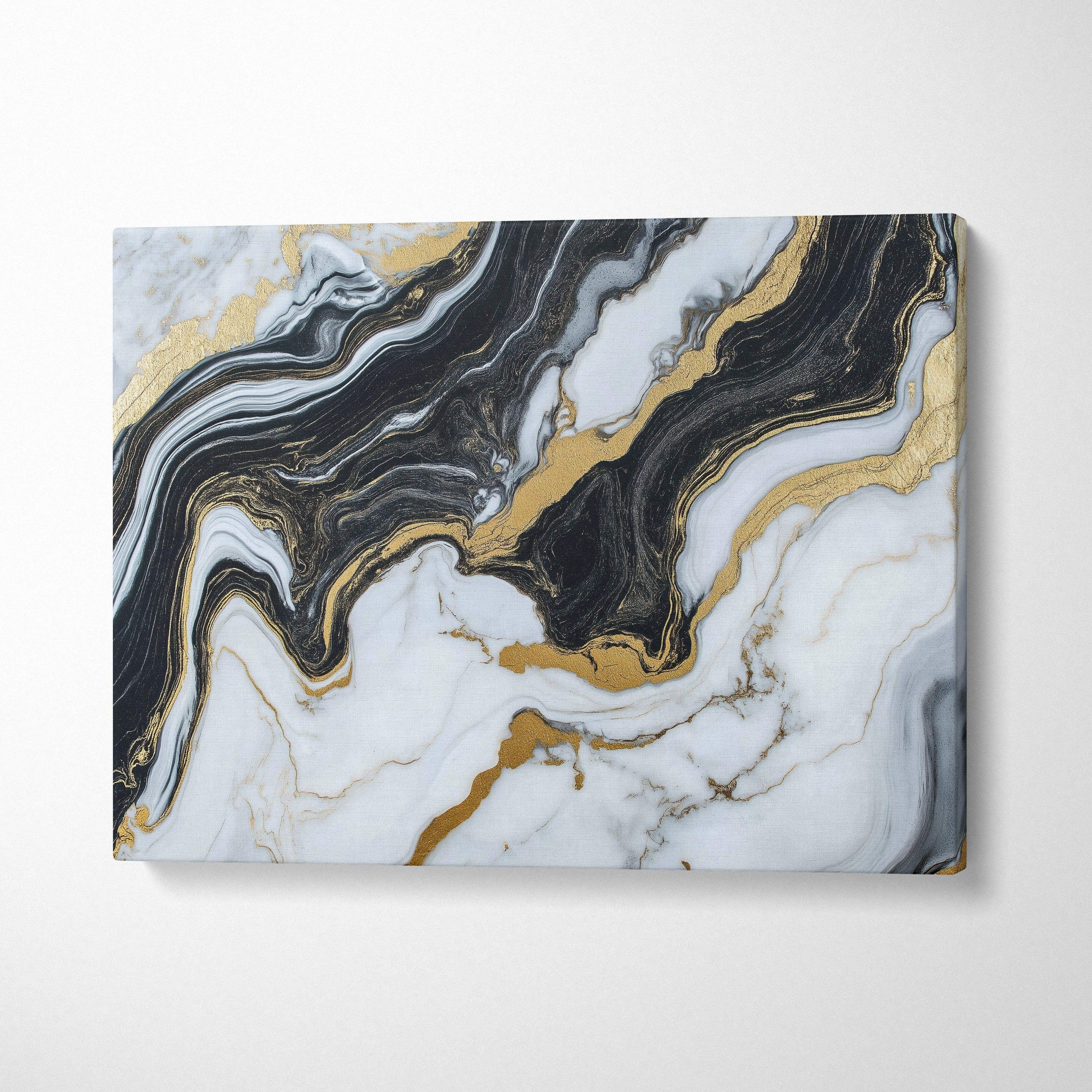 Abstract modern canvas wall art with black, white, and gold marbled design on canvas.