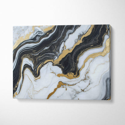 Abstract modern canvas wall art with black, white, and gold marbled design on canvas.