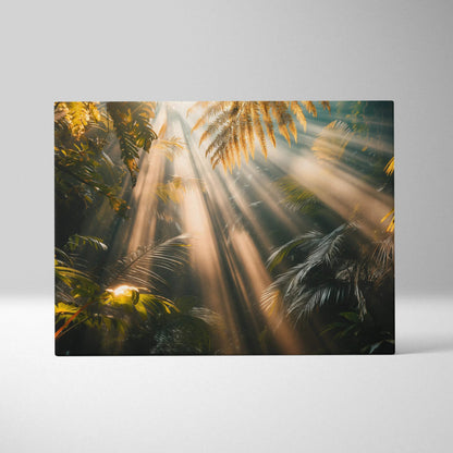 Forest canvas wall art with sunlight beams filtering through lush green foliage, vibrant nature decor.