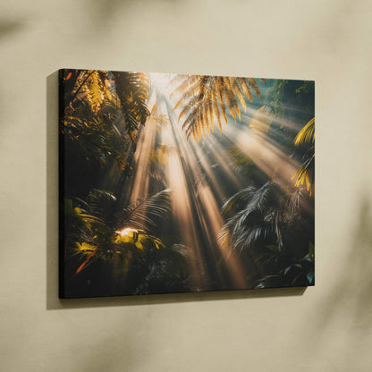 Forest scene canvas wall art with sun rays filtering through tropical leaves, home decor.