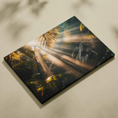 Forest scene canvas wall art with sunlight streaming through leaves, rich greens and warm rays, home decor art.