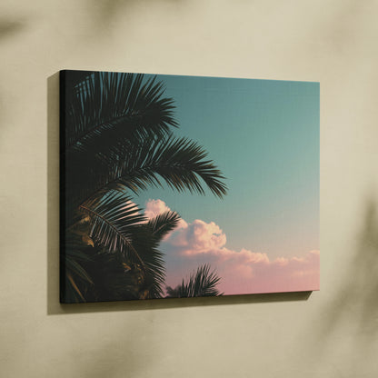 Tropical palm trees with soft clouds on canvas wall art in pastel sky tones, perfect decor.