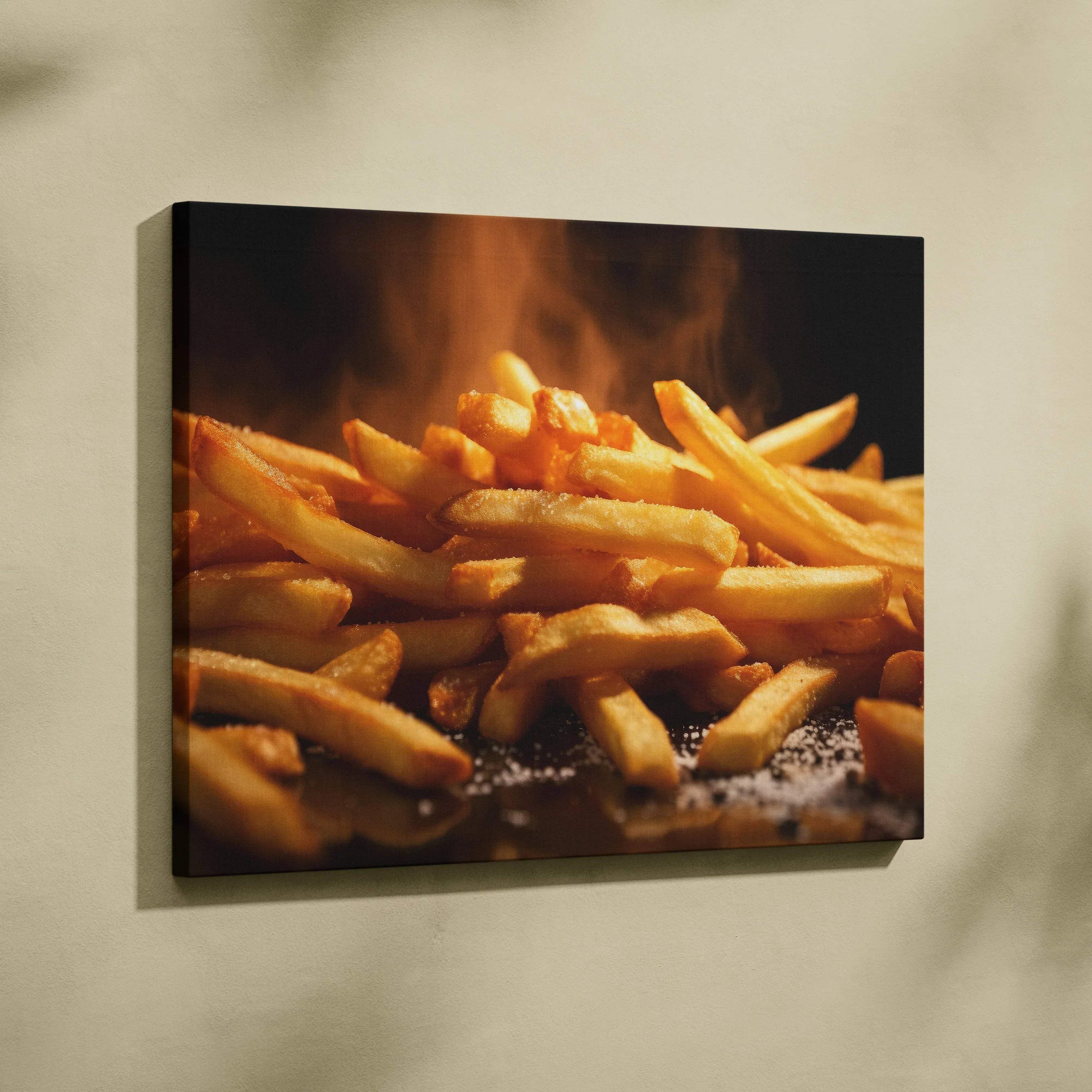 Vibrant French fries close-up on wall art canvas for kitchen decor.