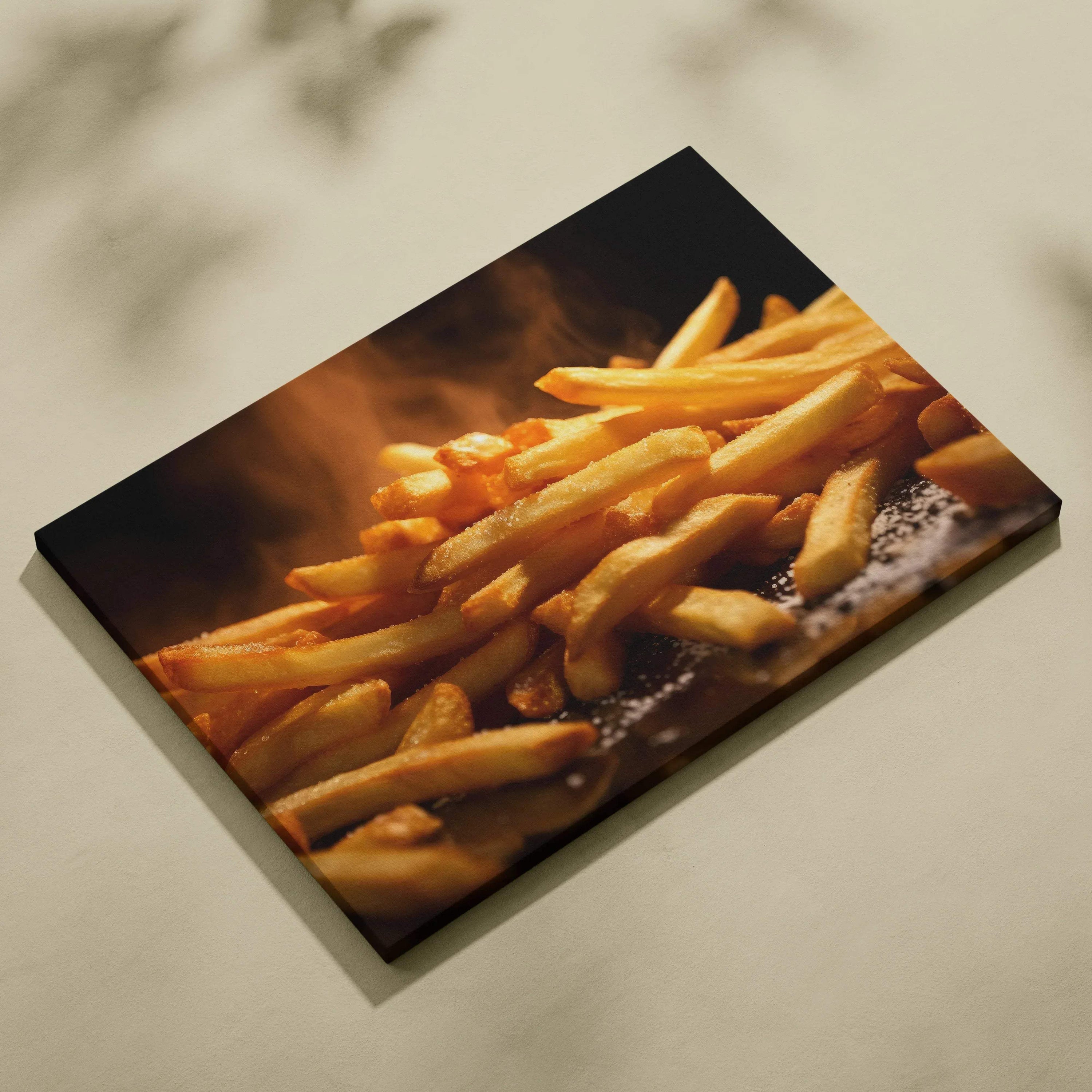Canvas wall art print featuring vibrant golden French fries with steam rising, ideal for kitchen decor.