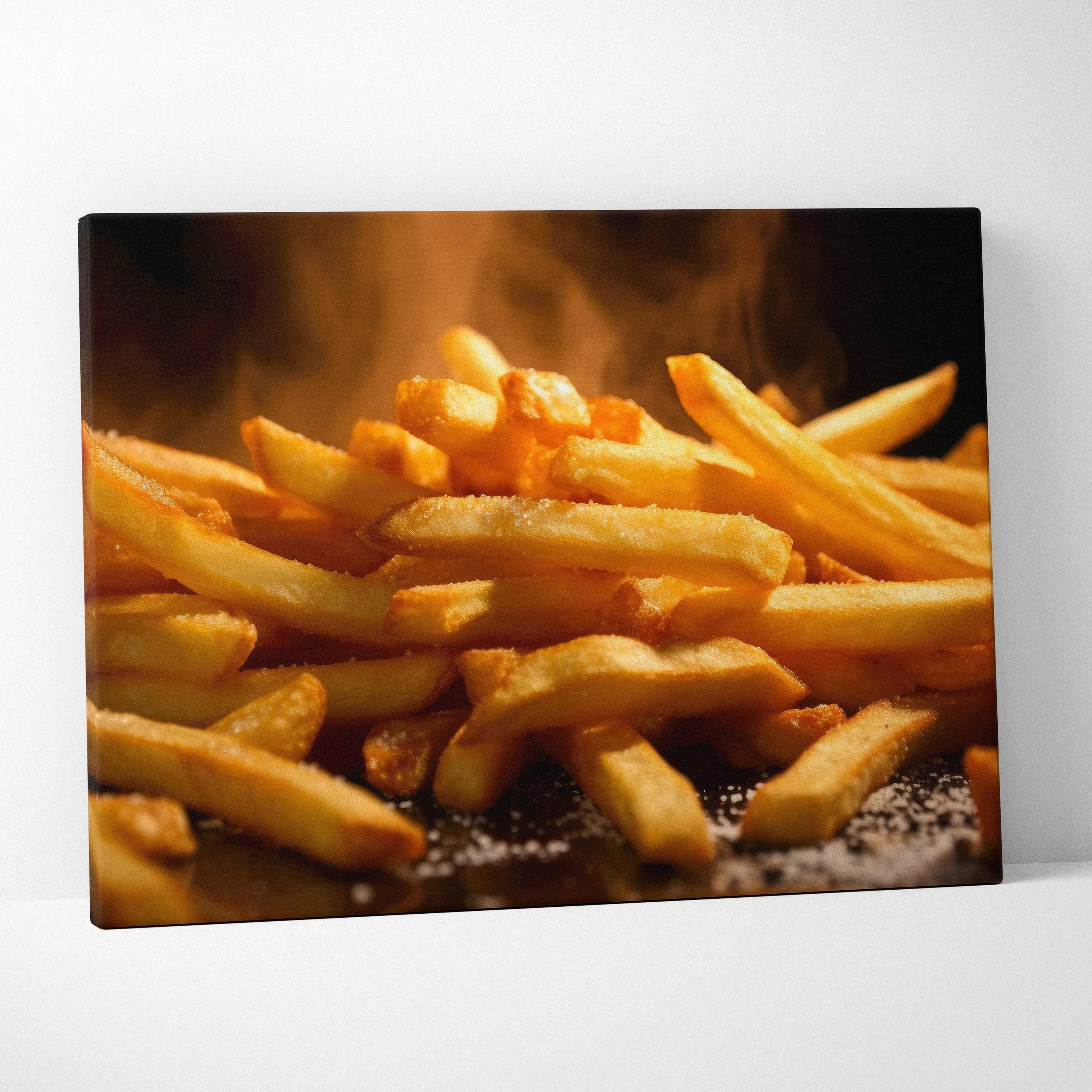 Canvas wall art print featuring vibrant, golden French fries with steam rising, perfect kitchen decor.