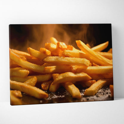 Canvas wall art print featuring vibrant, golden French fries with steam rising, perfect kitchen decor.