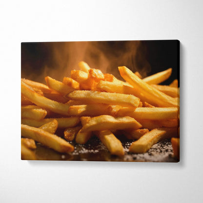 Vibrant canvas wall art featuring crispy golden French fries with steam effect for kitchen decor.