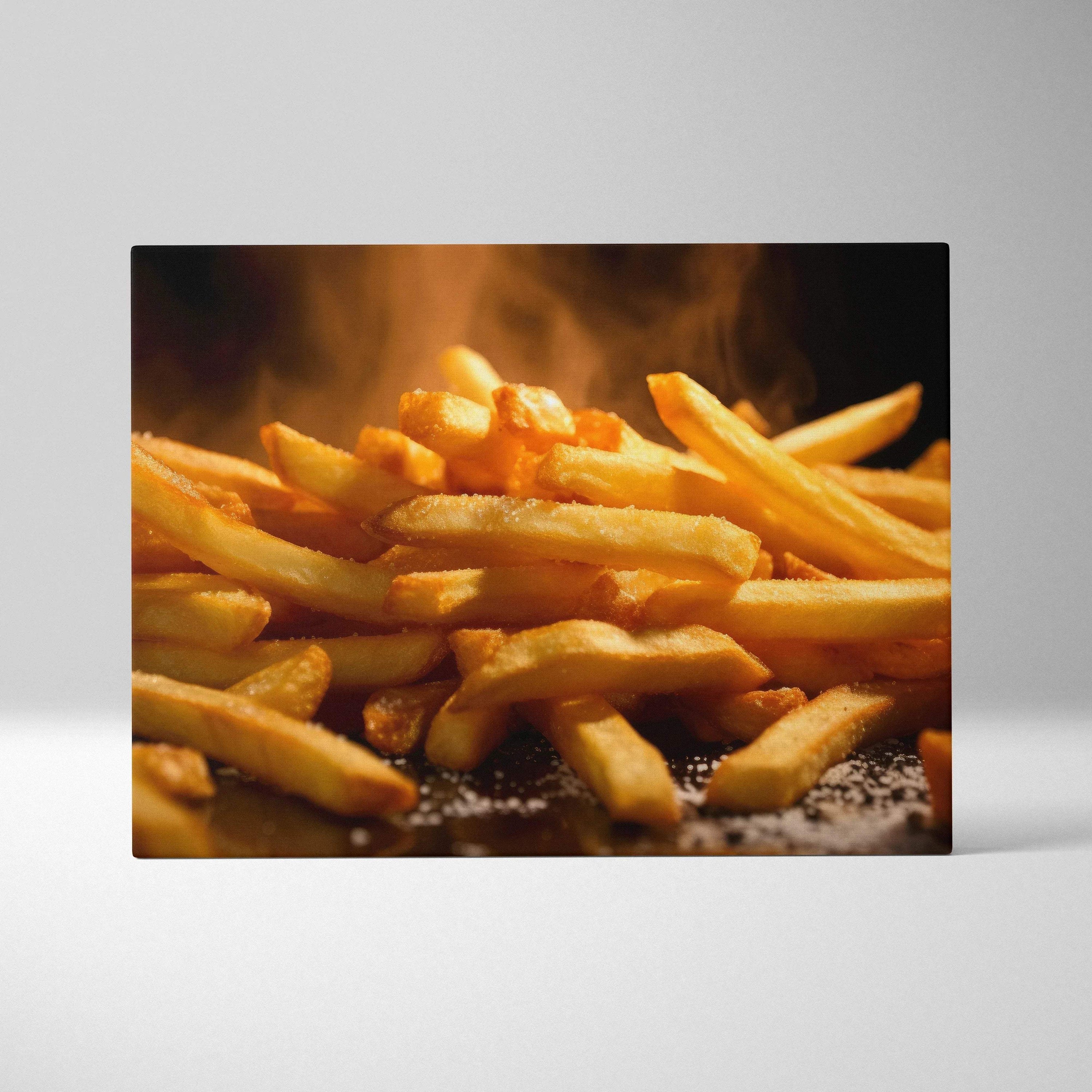 Canvas wall art print featuring vibrant golden French fries with steam, perfect kitchen decor.
