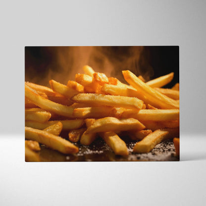 Canvas wall art print featuring vibrant golden French fries with steam, perfect kitchen decor.