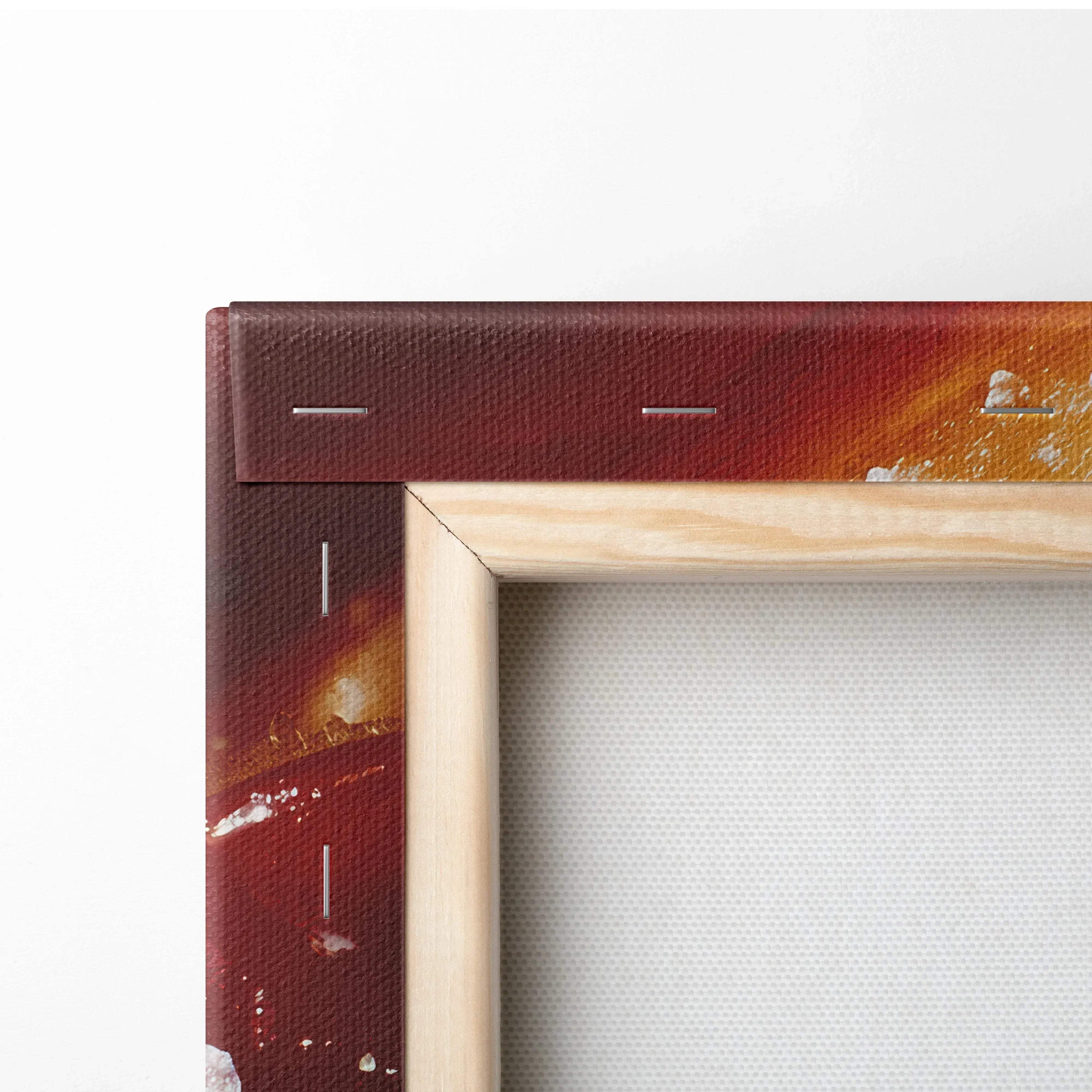 Close-up of wooden framed canvas wall art with vibrant red and yellow tones, showcasing detailed food-themed decor.