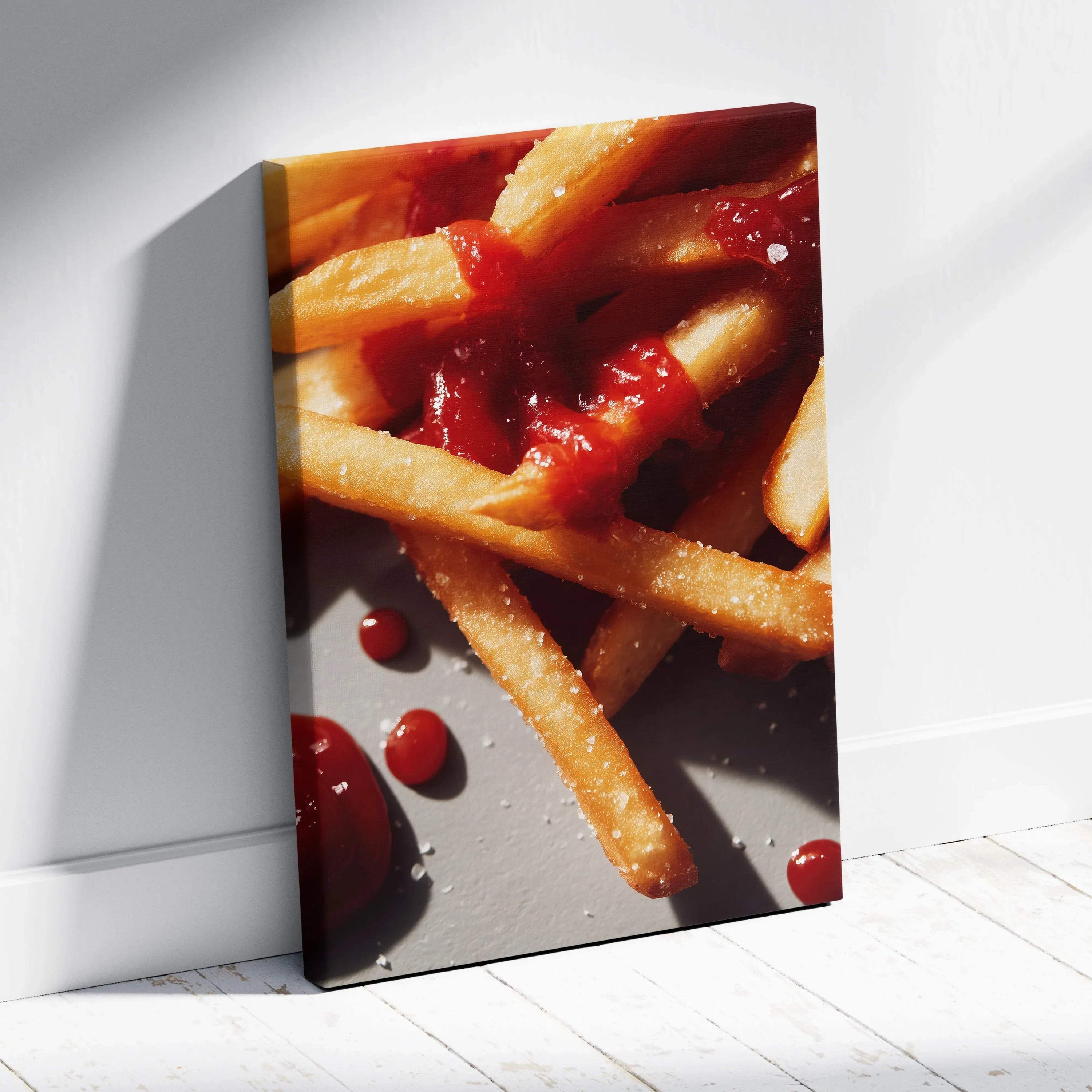 Canvas wall art featuring vibrant French fries with bright red ketchup, perfect for home decor.