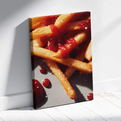 Canvas wall art featuring vibrant French fries with bright red ketchup, perfect for home decor.