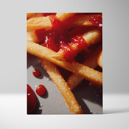 Canvas wall art featuring vibrant close-up of golden French fries with bright red ketchup splashes for trendy decor.