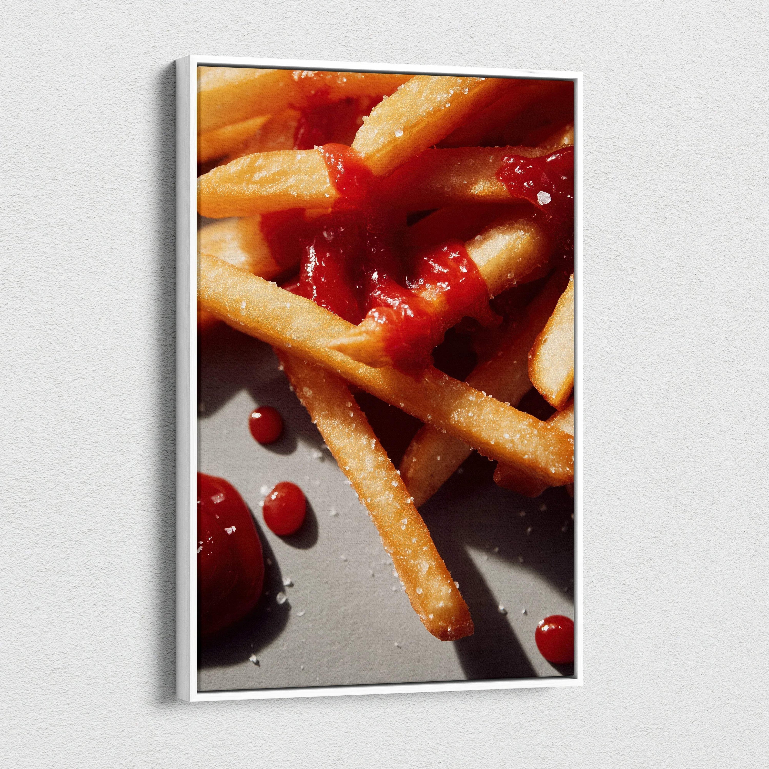 Canvas wall art featuring close-up of crispy French fries with ketchup, vibrant food decor.