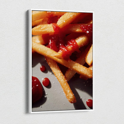 Canvas wall art featuring close-up of crispy French fries with ketchup, vibrant food decor.