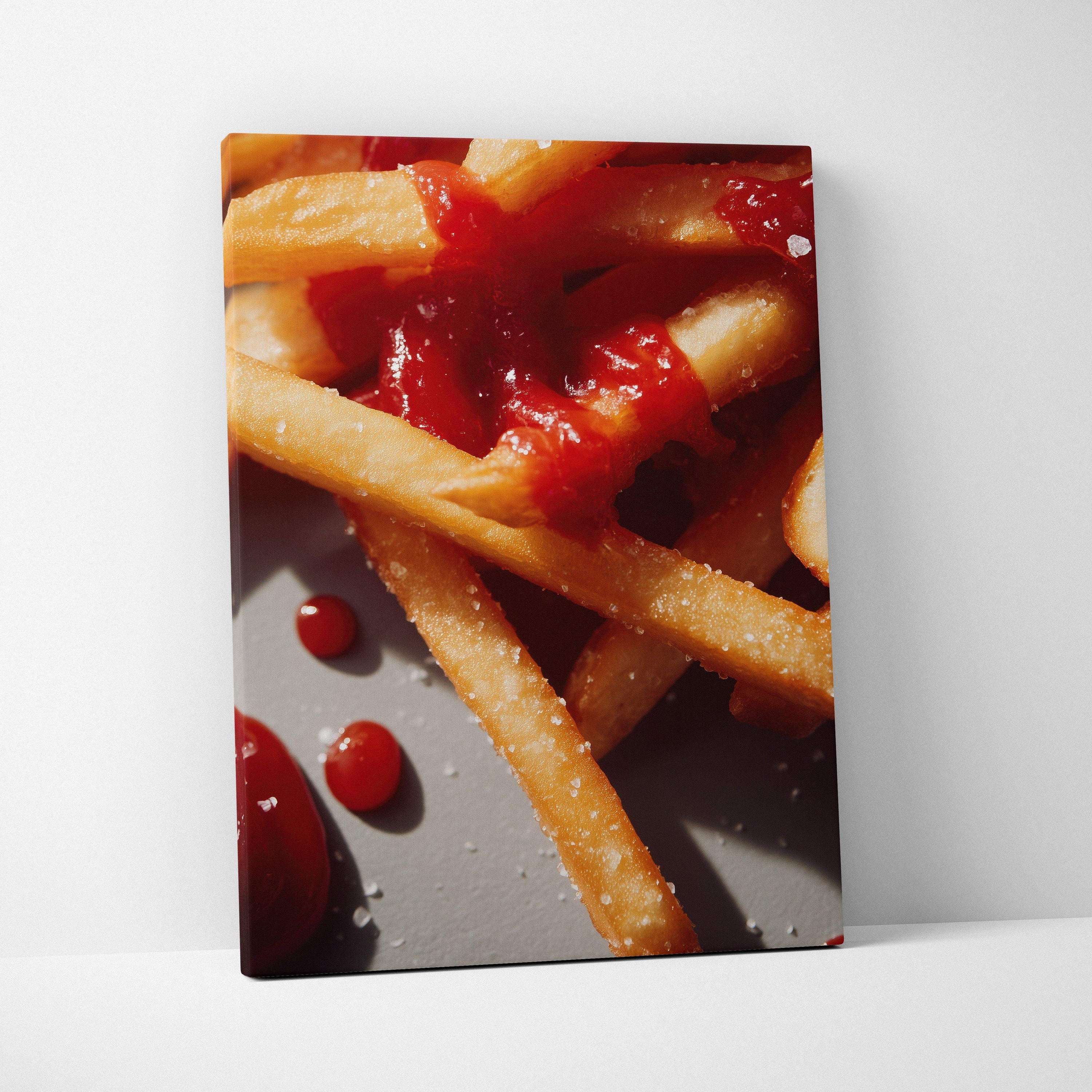 Canvas wall art featuring close-up of golden French fries with bright red ketchup drizzled, vibrant decor piece.