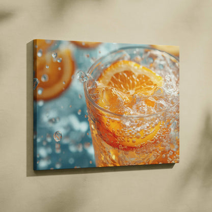 Canvas wall art featuring fresh orange slices splashing in a glass of refreshing water decor.