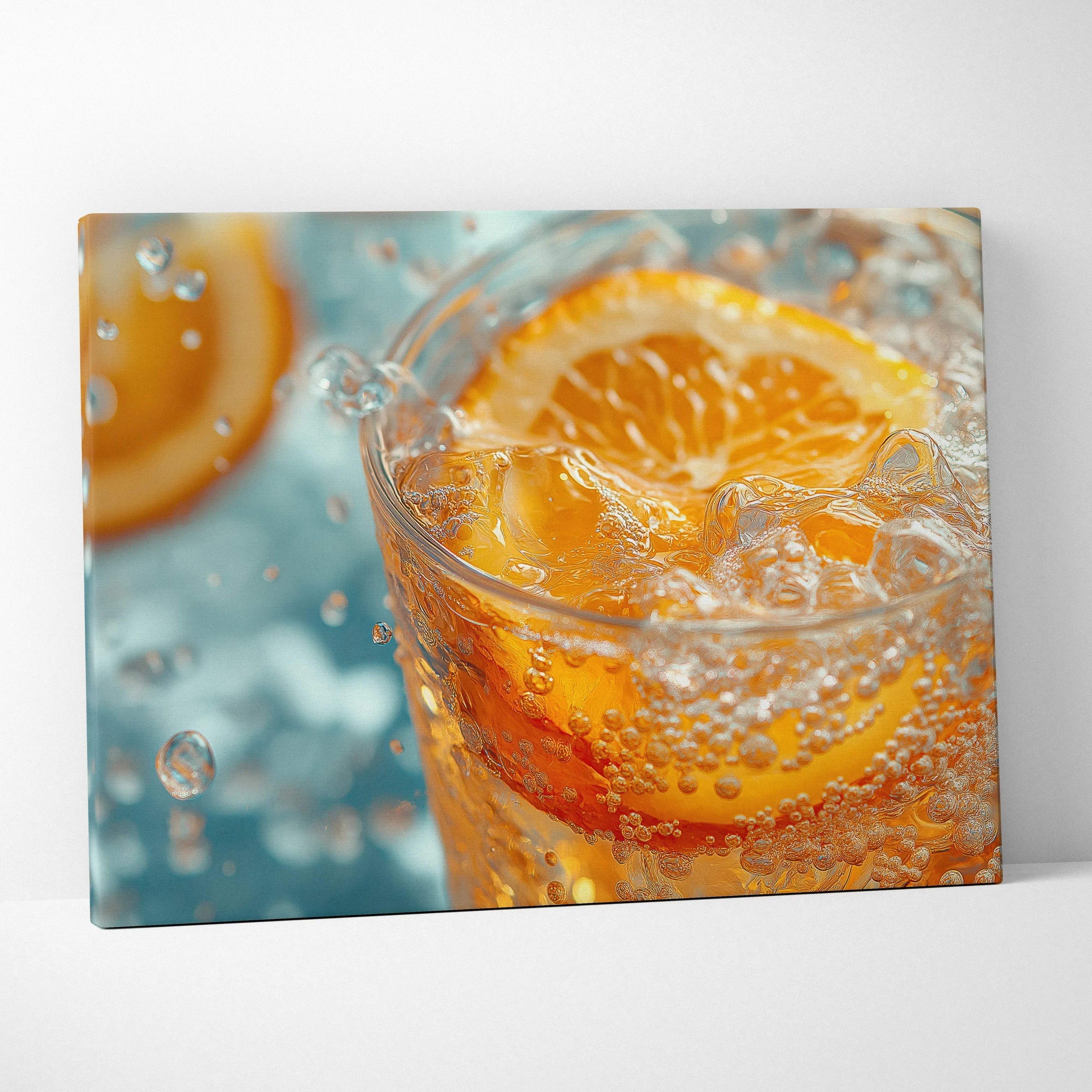 Canvas wall art featuring fresh orange slices splashing in sparkling water, vibrant summer decor.