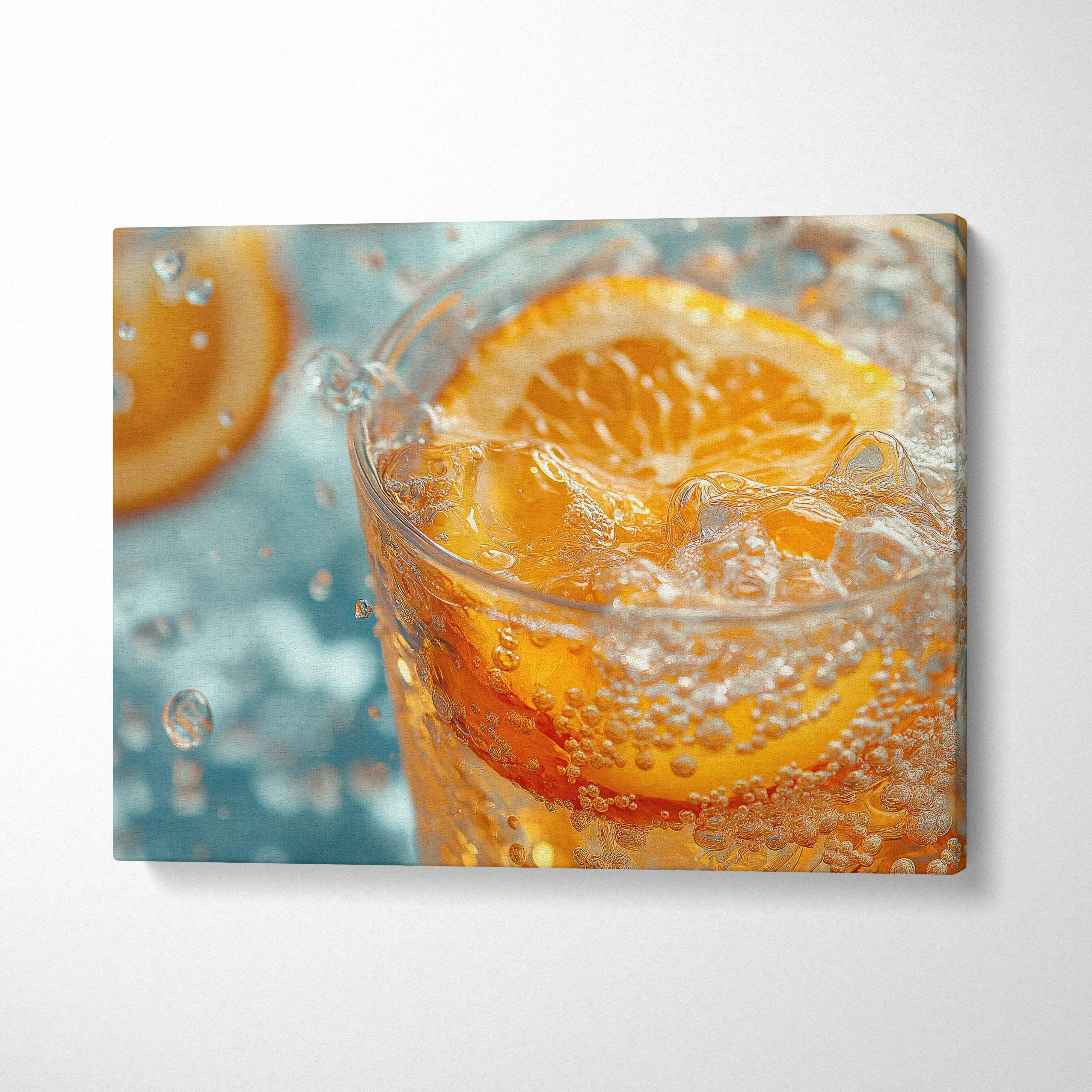 Canvas wall art featuring fresh orange slices splashing in sparkling water, vibrant summer decor.