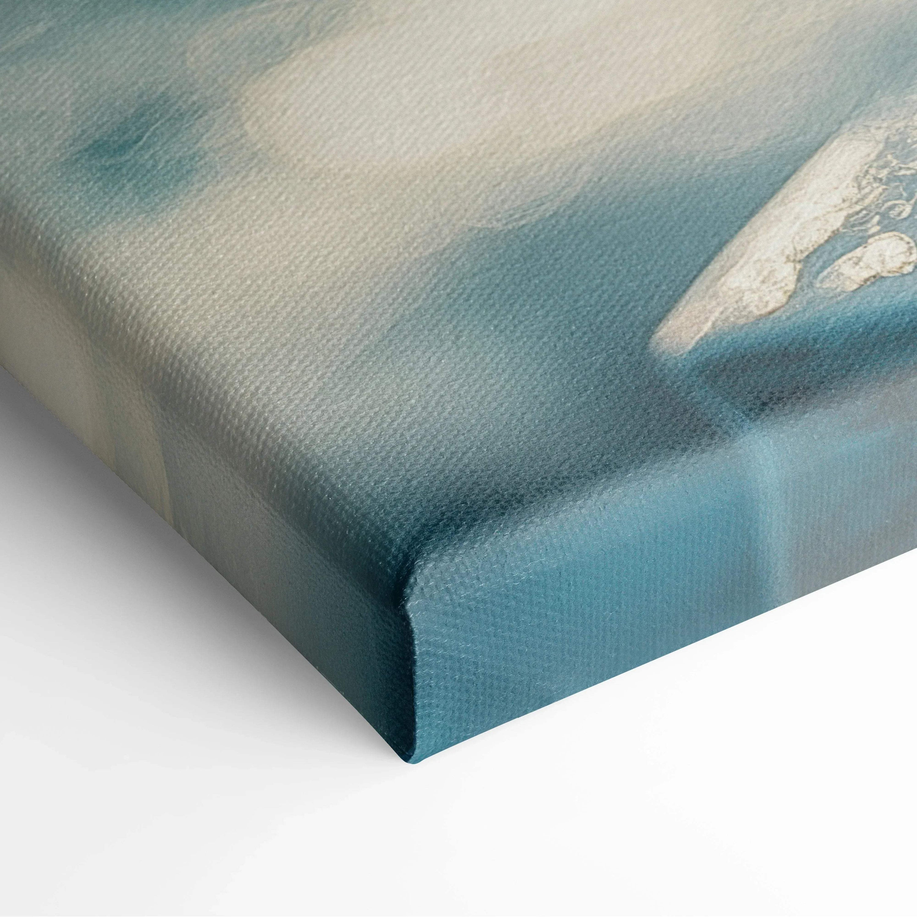 Close-up of vibrant orange Aperol drink on textured canvas wall art corner with blue and white decor tones.
