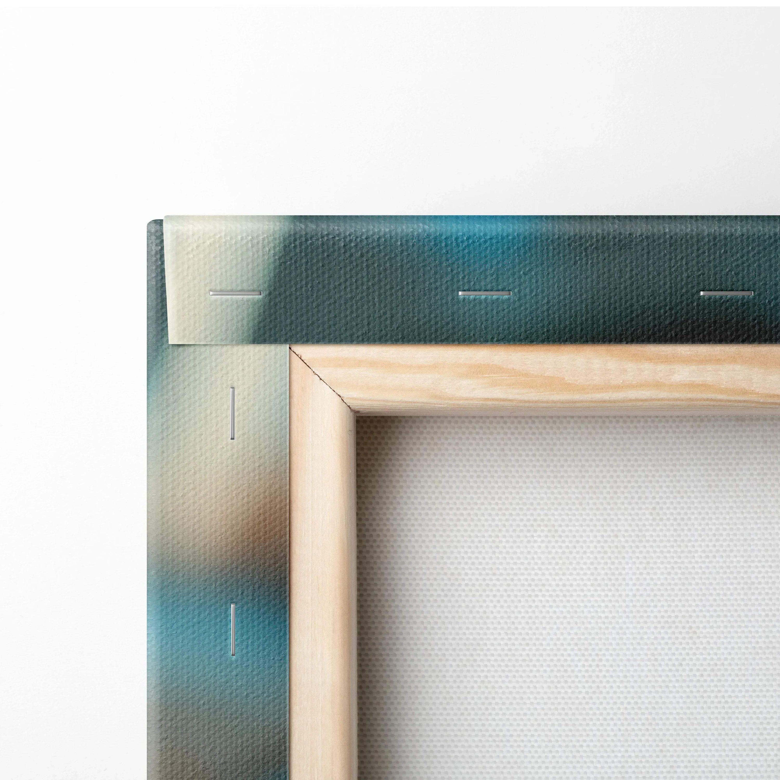 Close-up of wooden frame and canvas texture on vibrant wall art decor with fresh orange Aperol drink design.