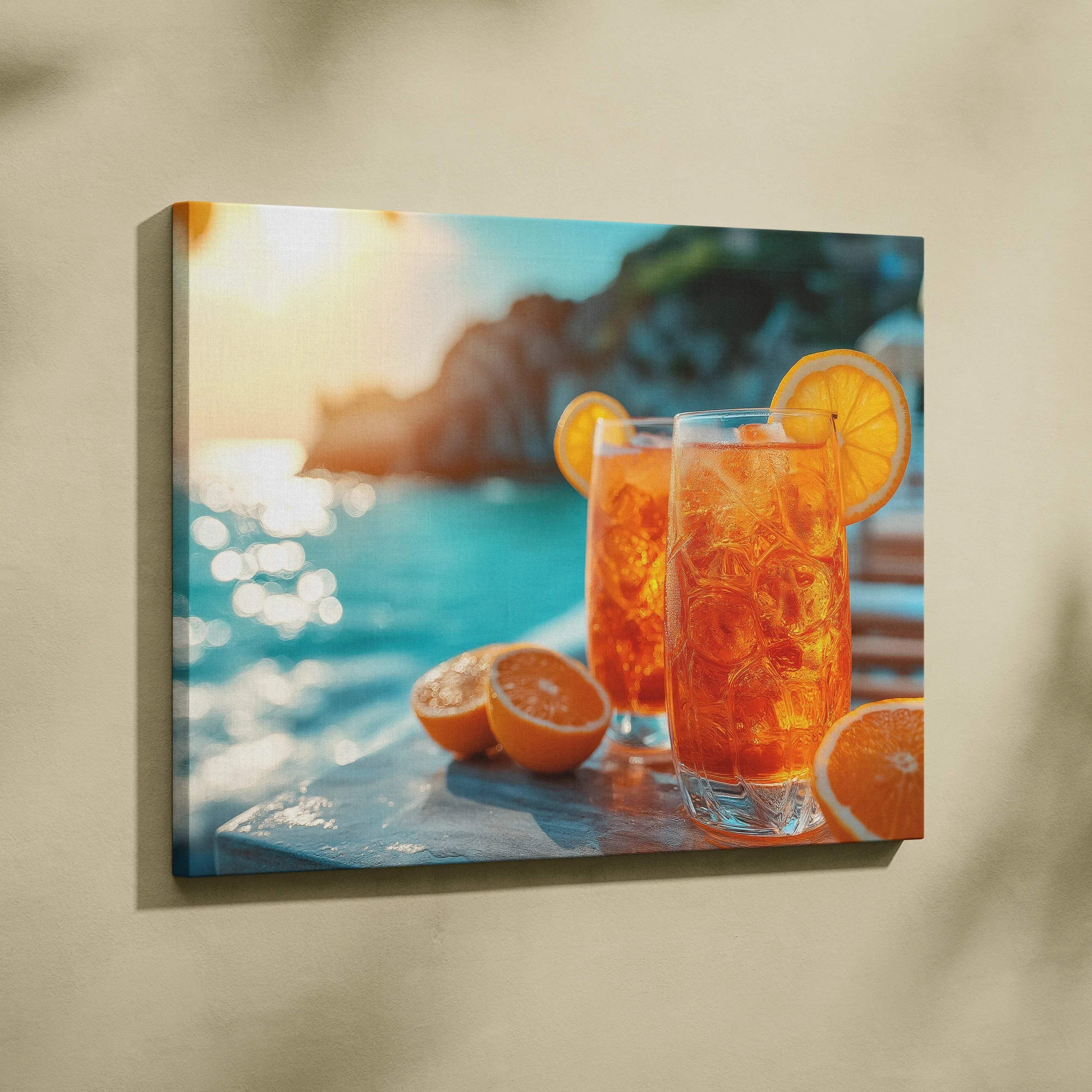Vibrant canvas wall art featuring two orange Aperol drinks with ice and orange slices by the water, bright sunset background .
