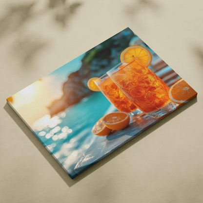 Vibrant canvas wall art featuring an orange Aperol spritz with ice and sliced oranges, perfect for kitchen decor.