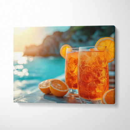 Canvas wall art featuring vibrant orange Aperol drinks with ice and orange slices by sparkling water background, perfect.