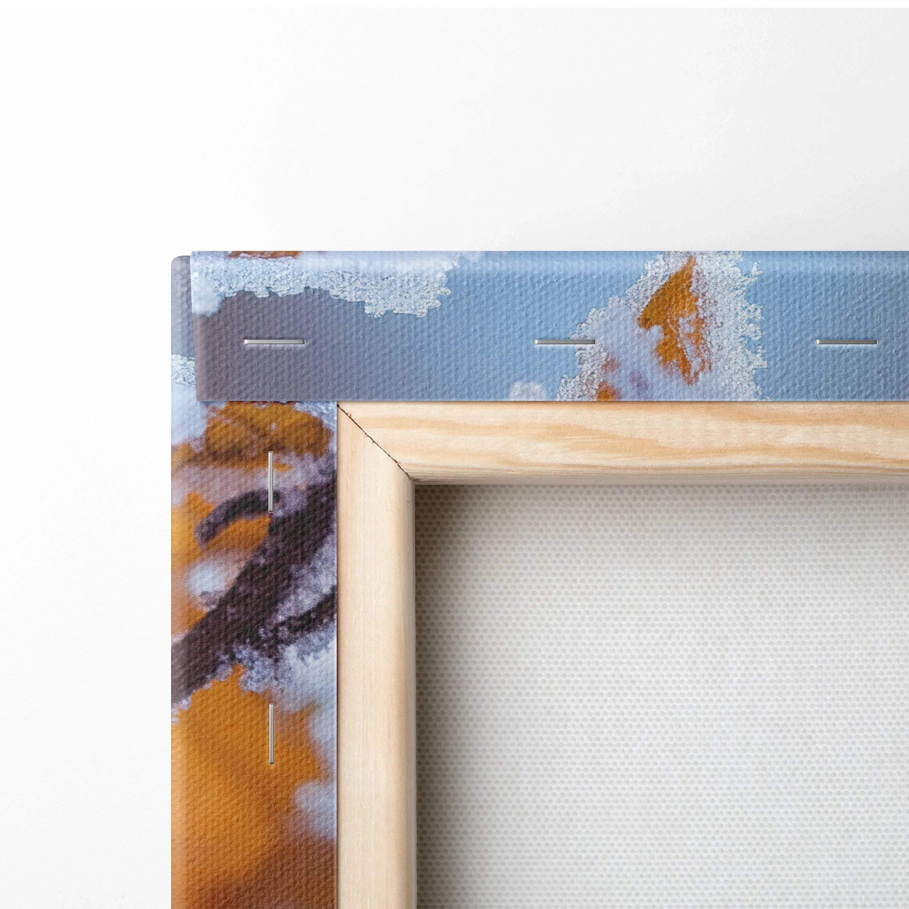 Close-up of colorful canvas wall art with wooden frame and autumn foliage digital print.