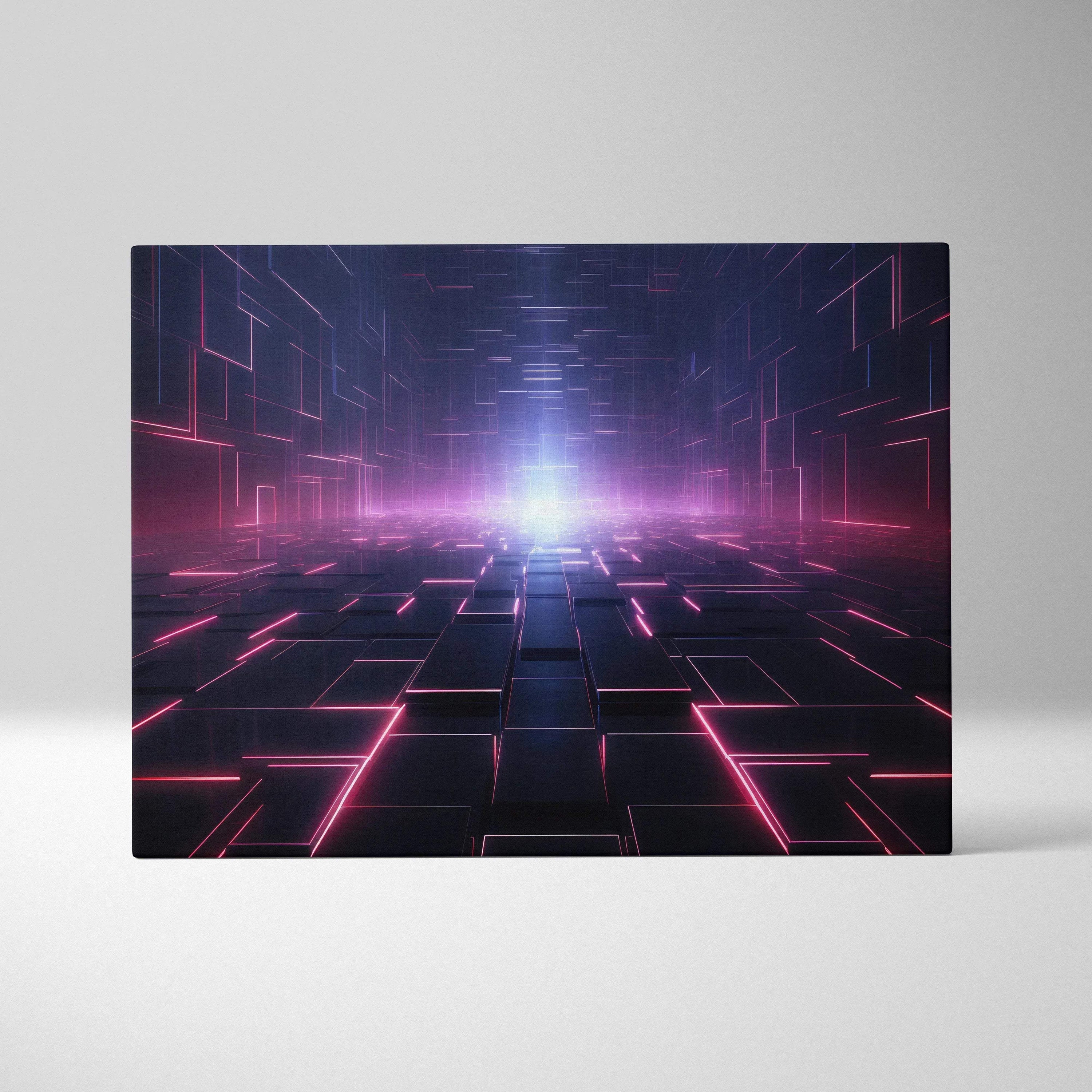 A rectangular canvas wall art featuring a glowing neon cyberpunk tunnel with pink and purple light lines on dark blocks