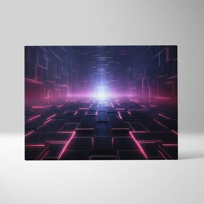 A rectangular canvas wall art featuring a glowing neon cyberpunk tunnel with pink and purple light lines on dark blocks