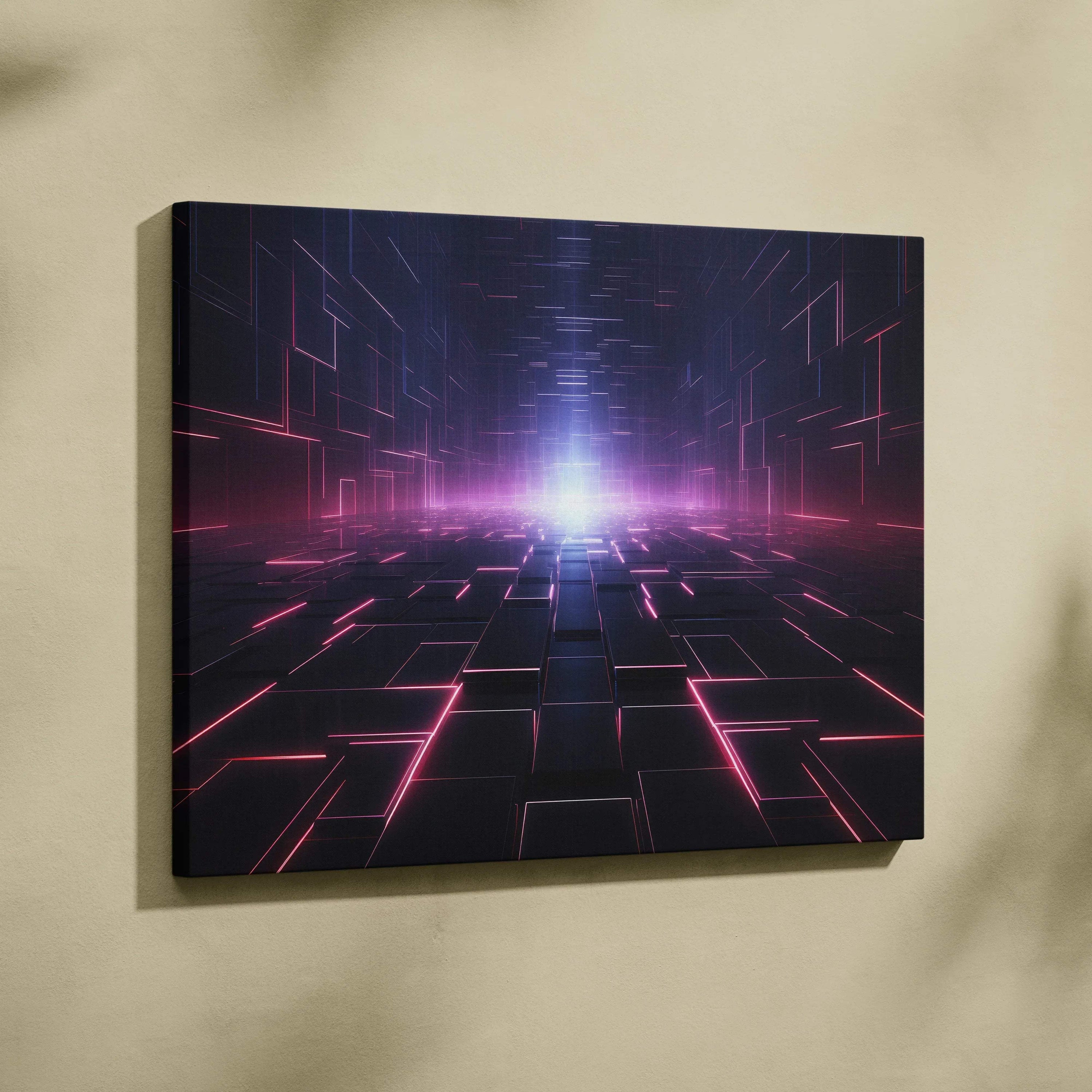 A rectangular canvas print featuring a futuristic neon-lit corridor with pink and purple glowing lines on dark geometric blocks