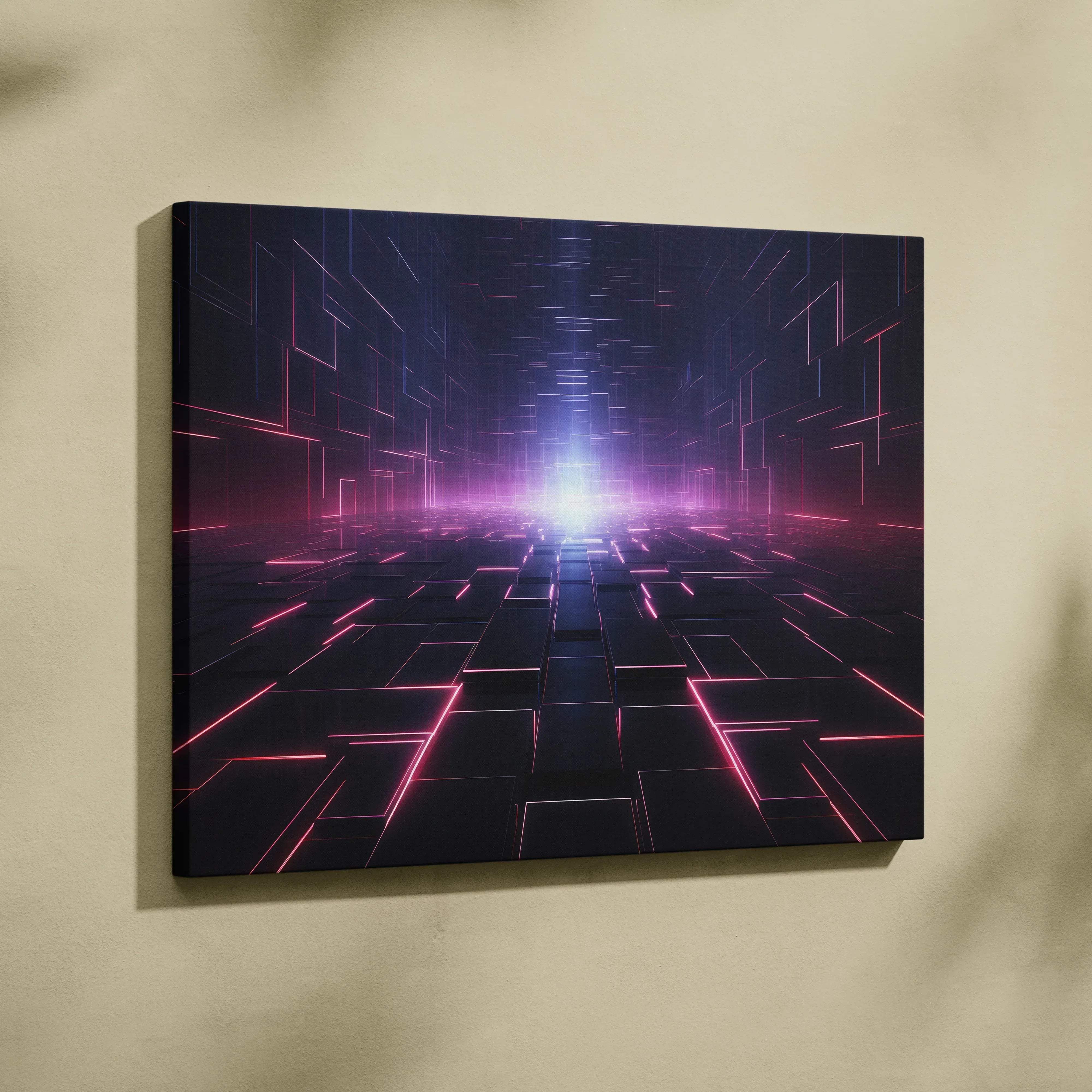 A rectangular canvas print featuring a futuristic neon-lit corridor with pink and purple glowing lines on dark geometric blocks