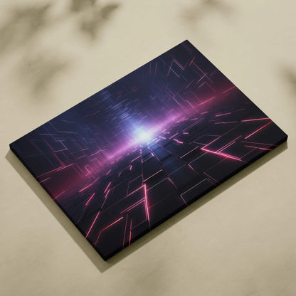 A rectangular canvas print featuring a futuristic digital tunnel with glowing pink and purple neon lines on dark background