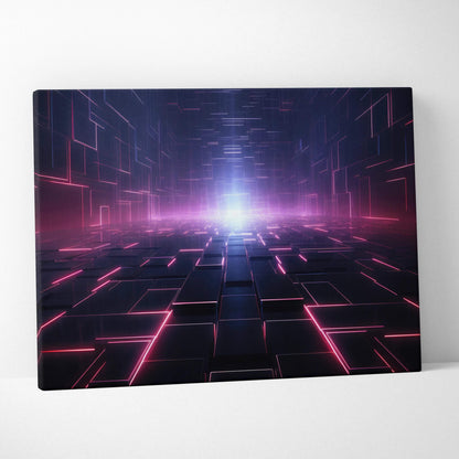 Rectangular canvas wall art featuring a futuristic digital tunnel with glowing pink neon lines and purple light glow