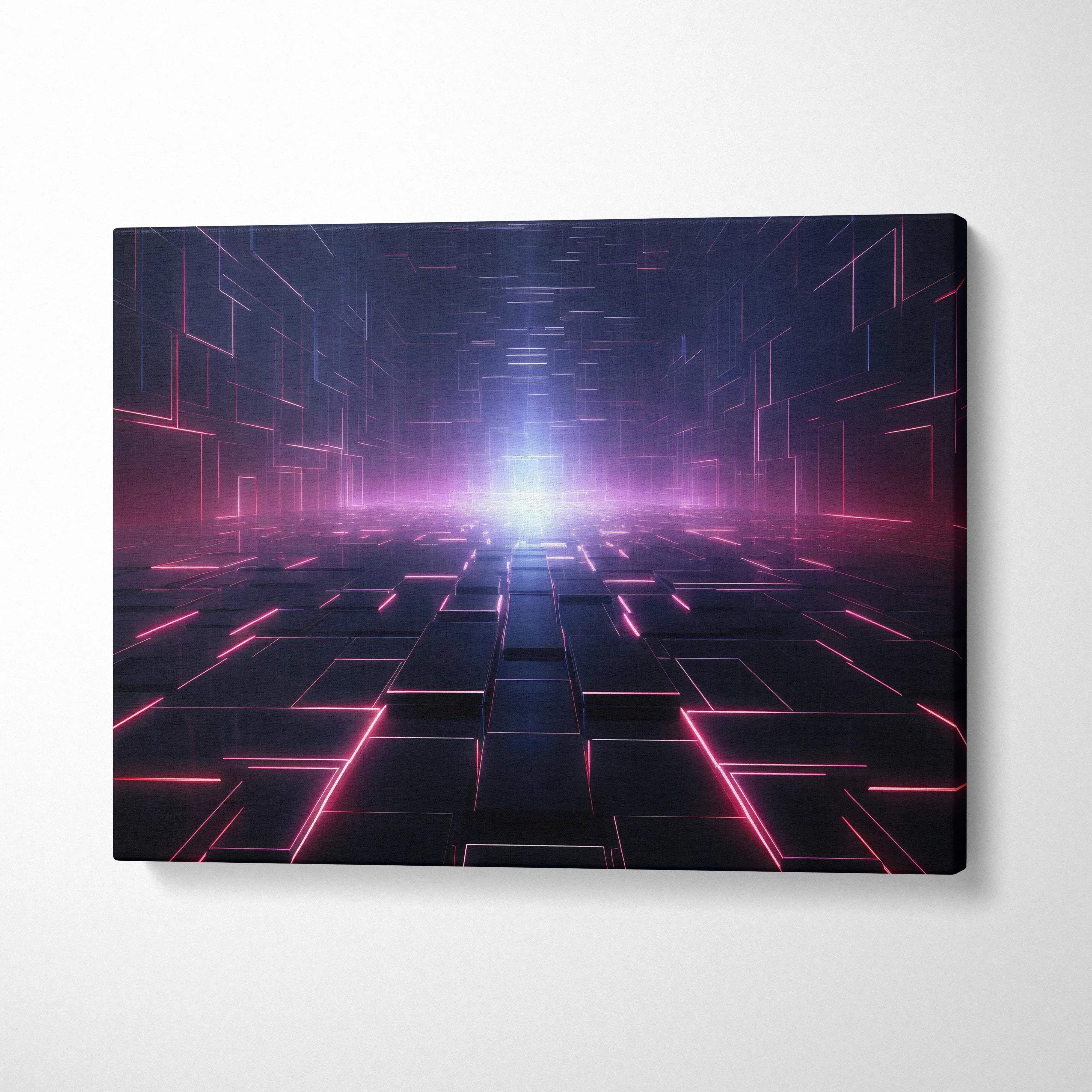 Futuristic neon grid canvas wall art featuring a purple and pink glowing geometric tunnel design