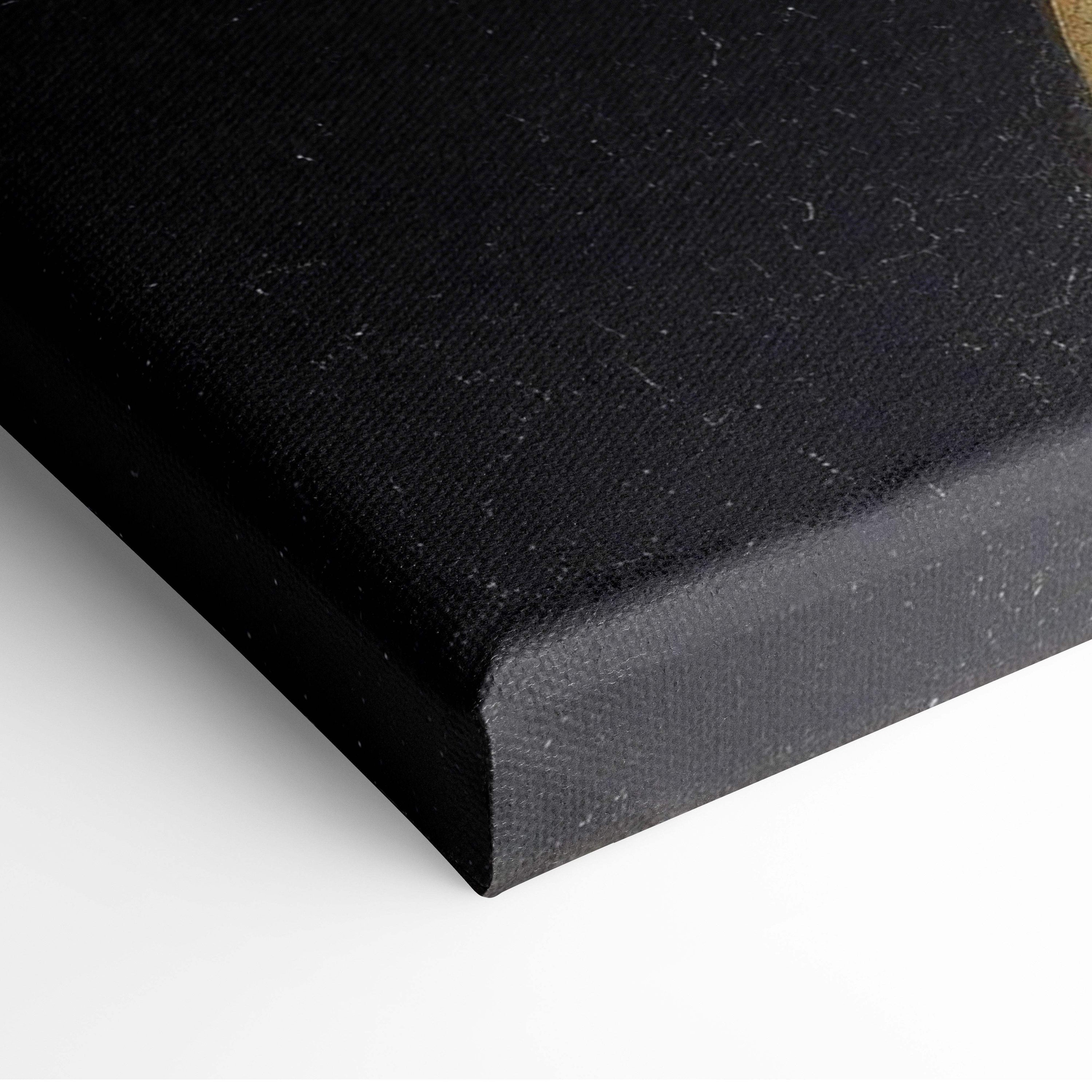 Black canvas print of Girl With A Pearl Earring by Johannes Vermeer, textured worn surface