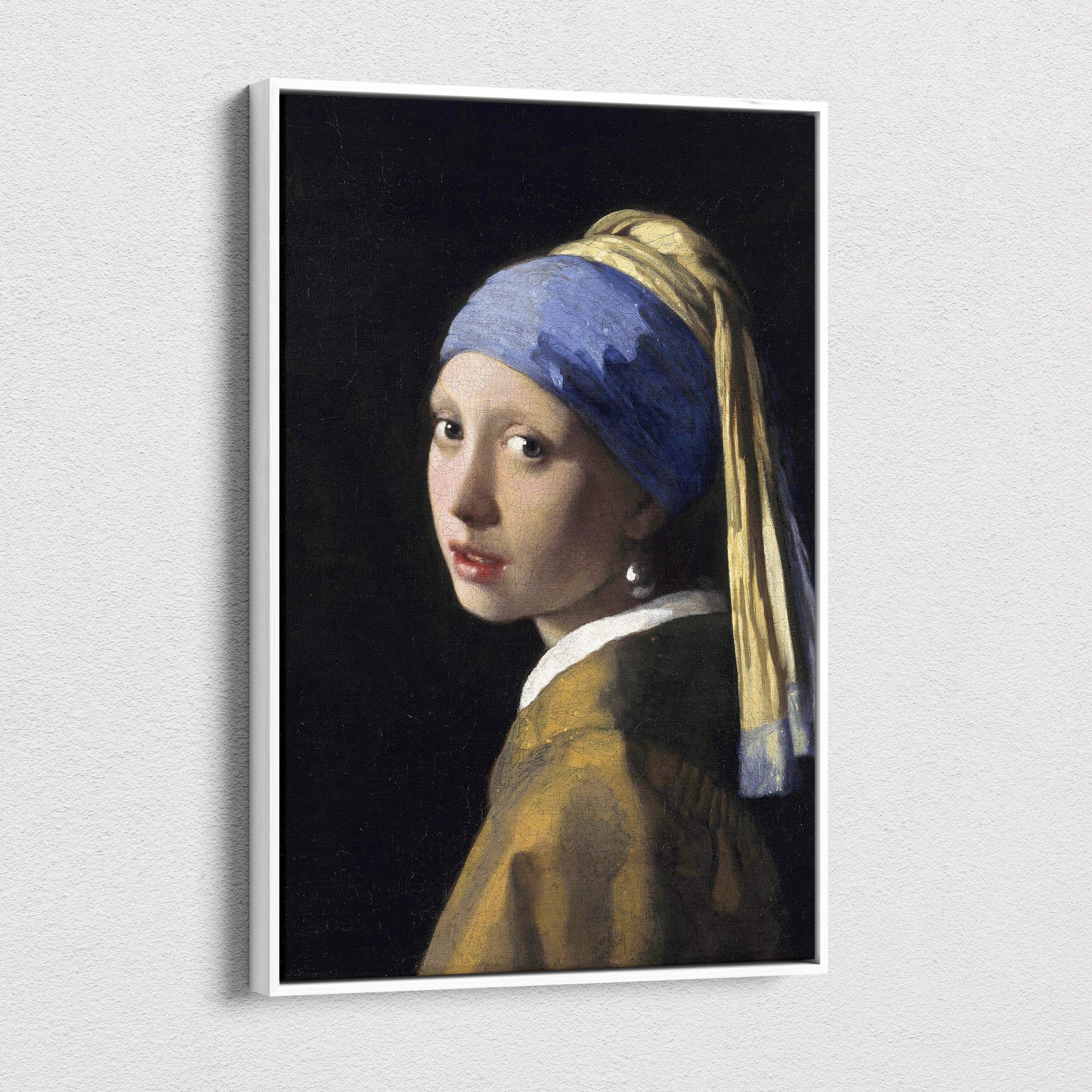 Framed Girl With A Pearl Earring by Johannes Vermeer in blue headscarf